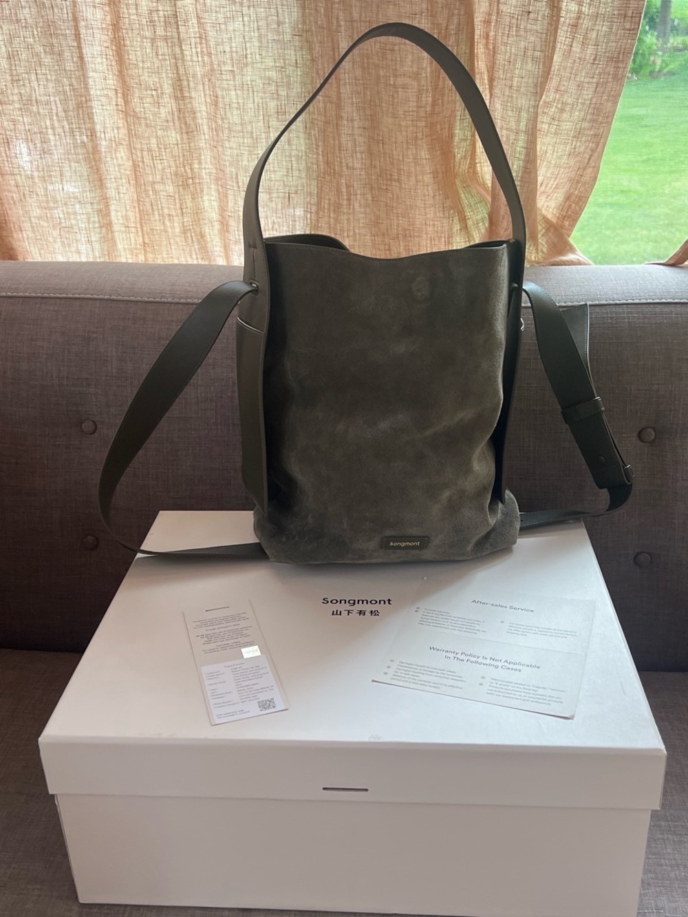 Songmont Olive Green Suede and Leather Bucket Bag